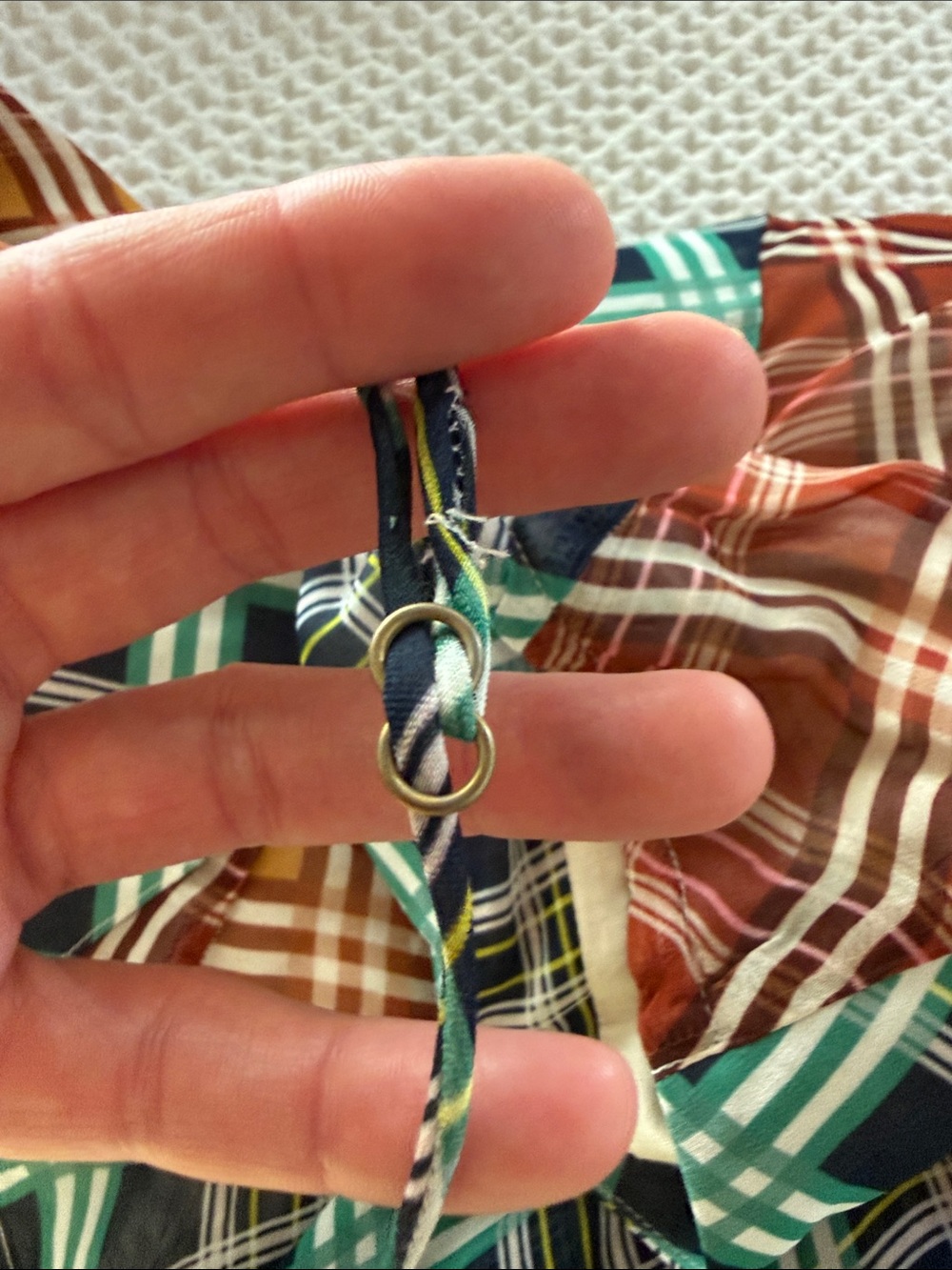 Maeve Multicolor Plaid Asymmetrical Slip Dress with Teal & Mustard Panels - Picture 11 of 11